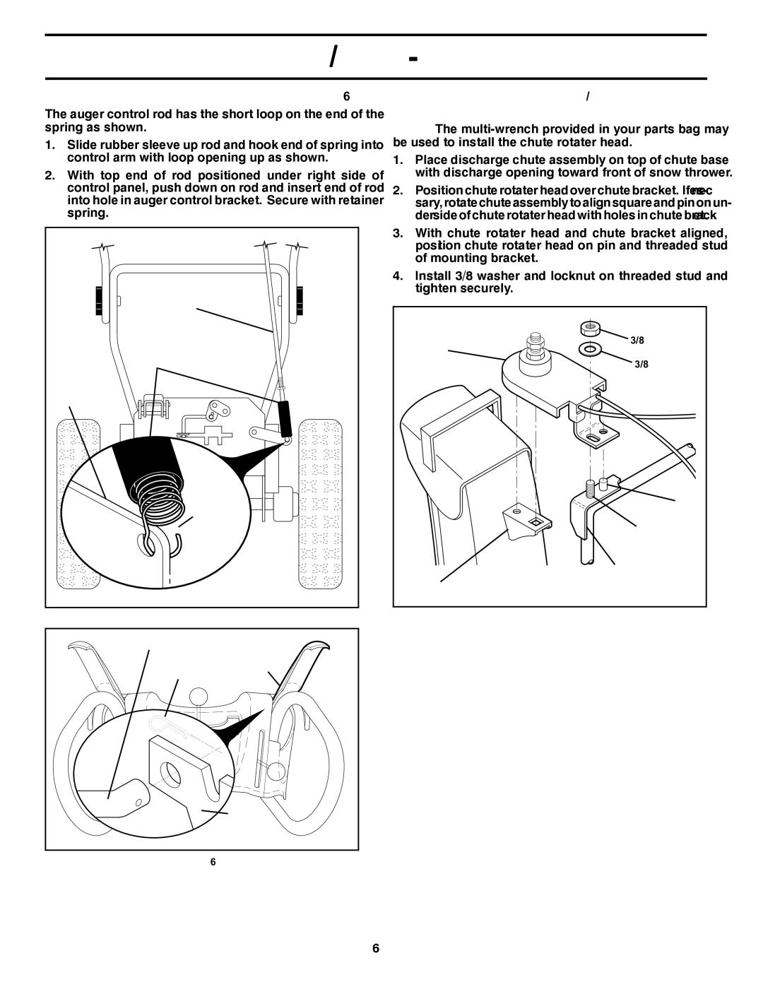 Husqvarna 1130SB-LSB owner manual Install Auger Control ROD See Figs, Install Discharge Chute / Chute Rotater Head See Fig 