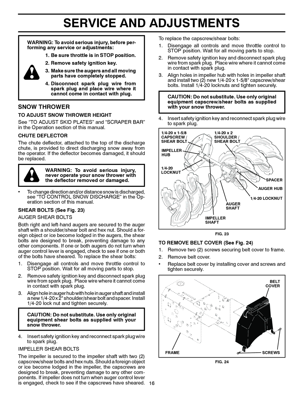 Husqvarna 1130SB-XLS Service and Adjustments, To Adjust Snow Thrower Height, Chute Deflector, Shear Bolts See Fig 