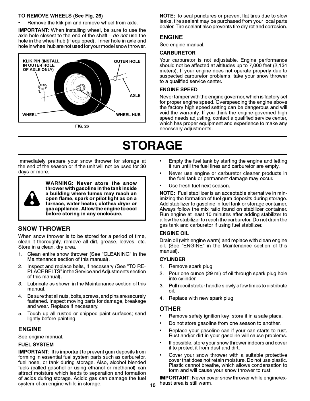 Husqvarna 1130SB-XLS owner manual Storage, Other 