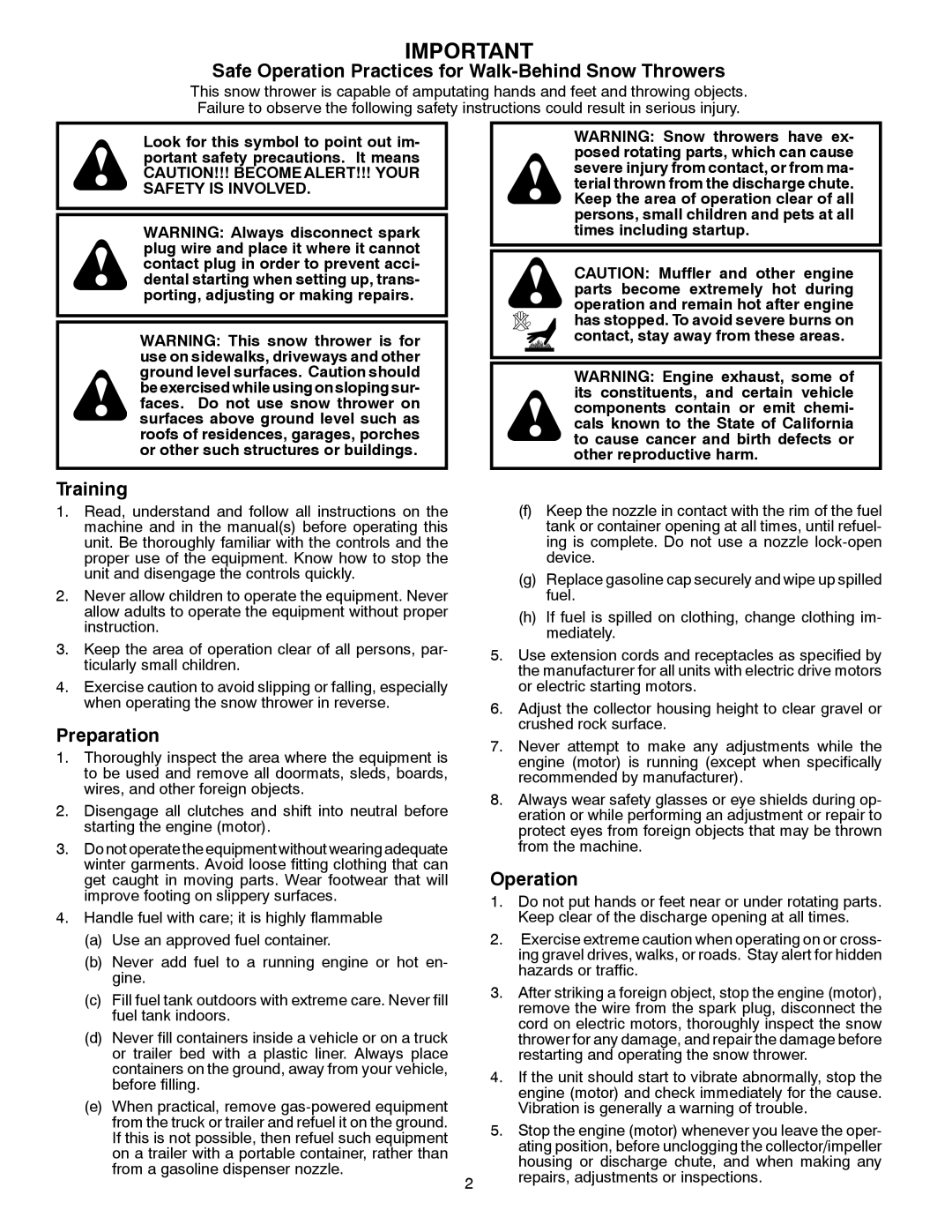 Husqvarna 1130SB-XLS owner manual Safe Operation Practices for Walk-Behind Snow Throwers 