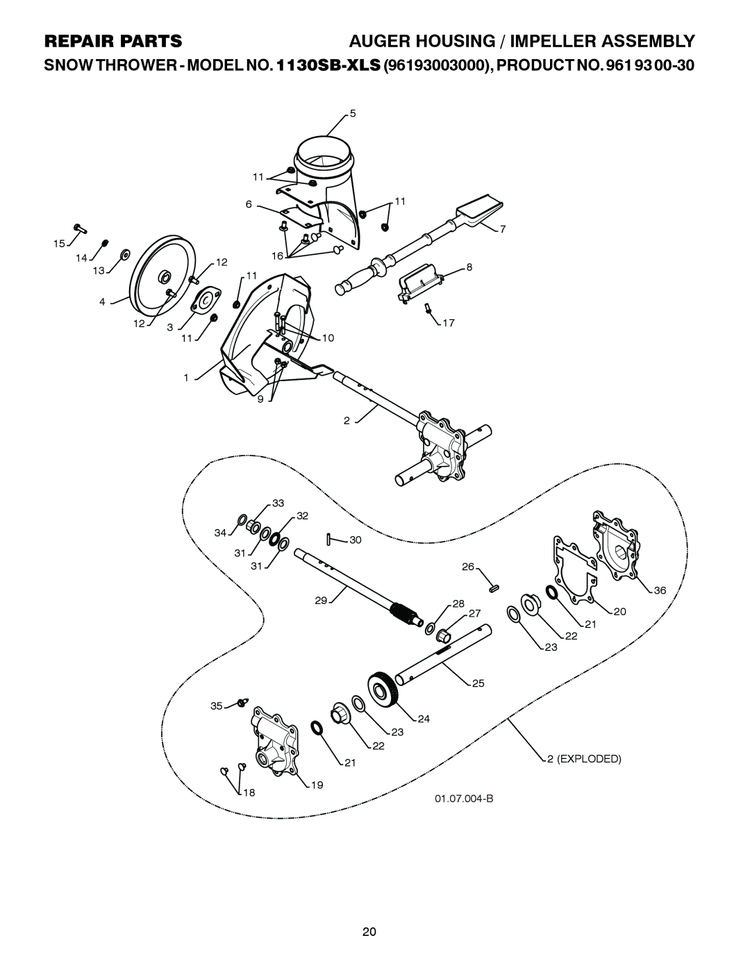 Husqvarna 1130SB-XLS owner manual Repair Parts, Auger Housing / Impeller Assembly 