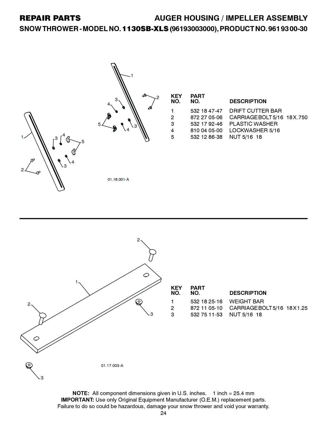 Husqvarna 1130SB-XLS owner manual CARRIAGEBOLT5/16−18X.750, Weight BAR, CARRIAGEBOLT5/16−18X1.25 