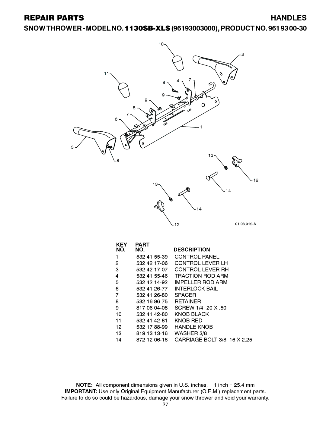 Husqvarna 1130SB-XLS owner manual Handles 