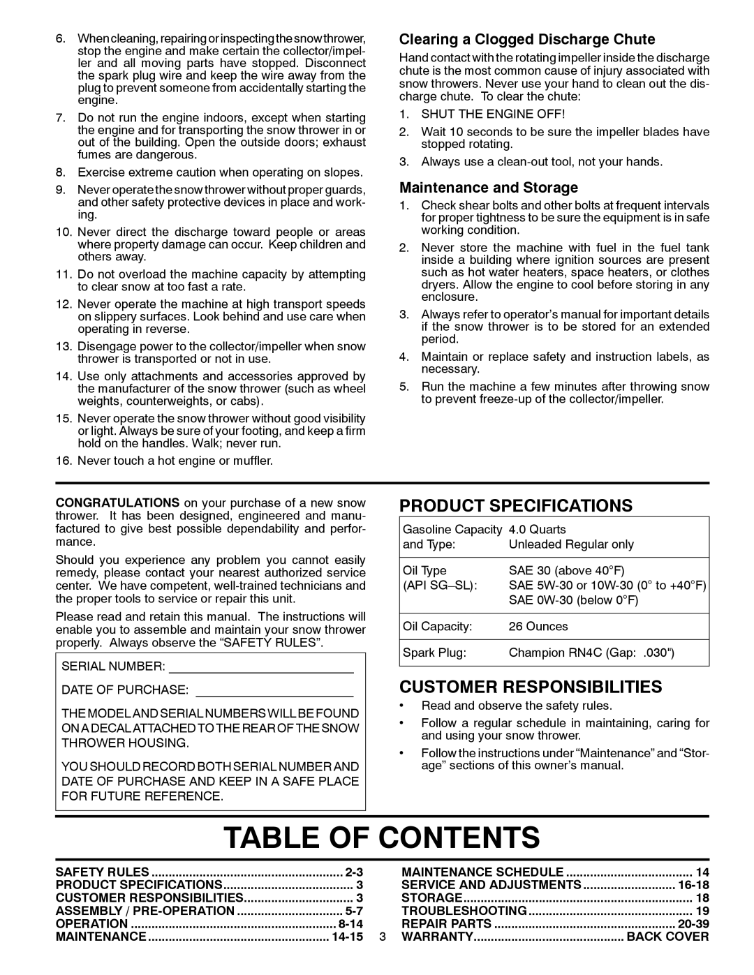 Husqvarna 1130SB-XLS owner manual Table of Contents 