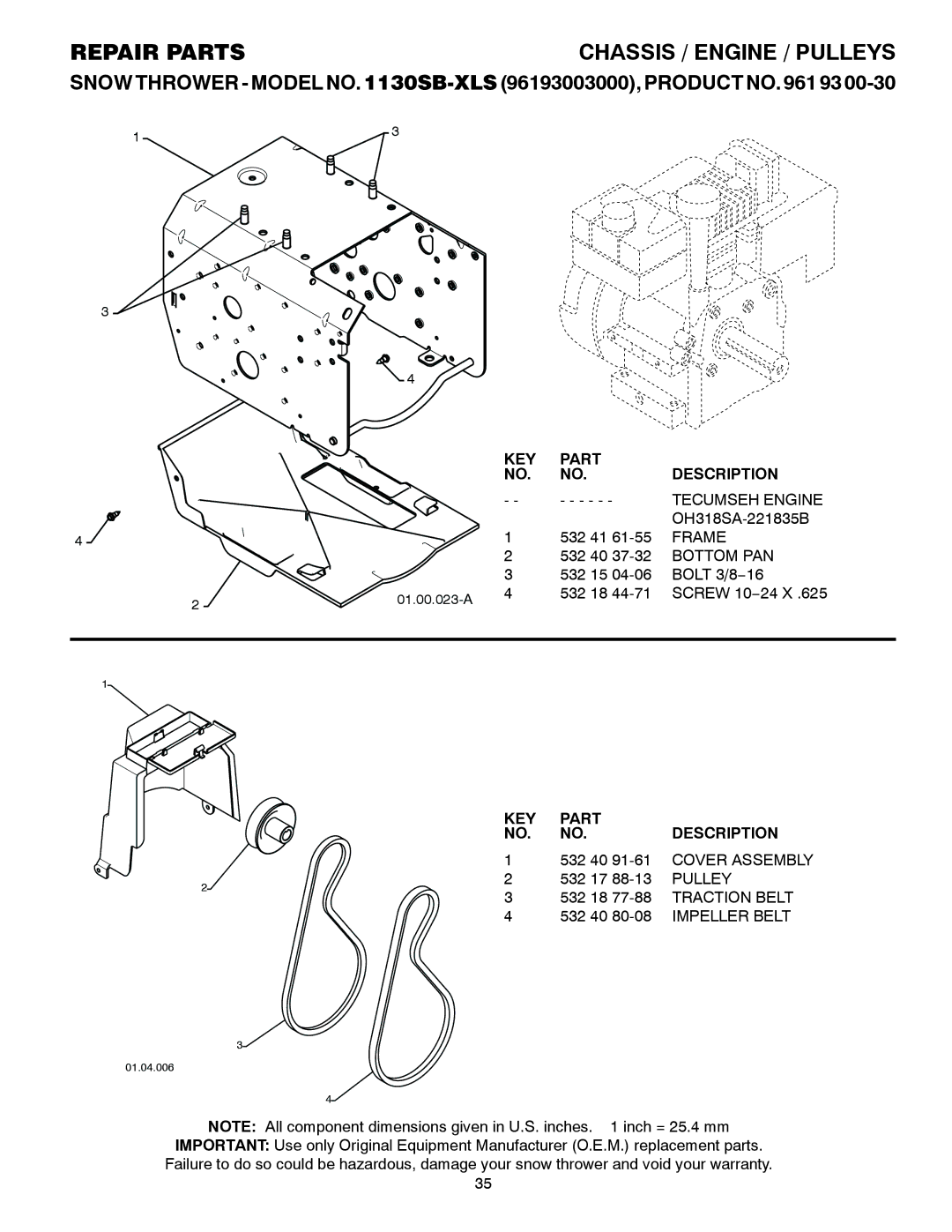 Husqvarna 1130SB-XLS owner manual Tecumseh Engine, Frame, Bottom PAN, Impeller Belt 