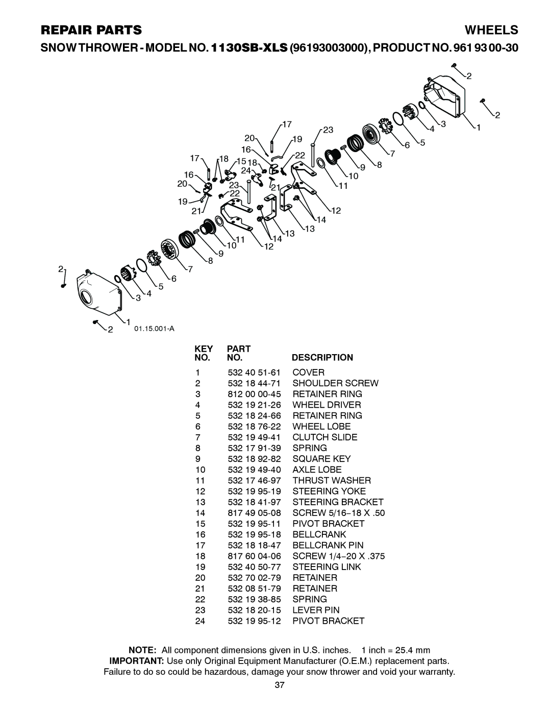 Husqvarna 1130SB-XLS owner manual Cover, Wheel Lobe, Spring, Axle Lobe, Lever PIN 