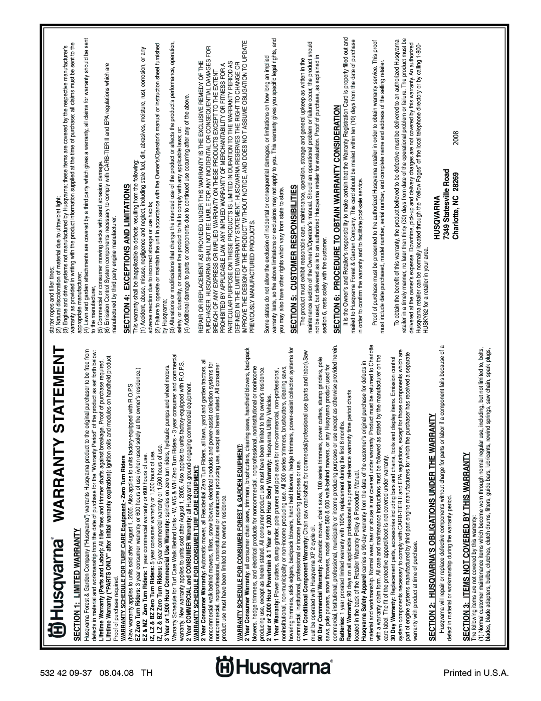 Husqvarna 1130SB-XLS owner manual Warranty Statement 