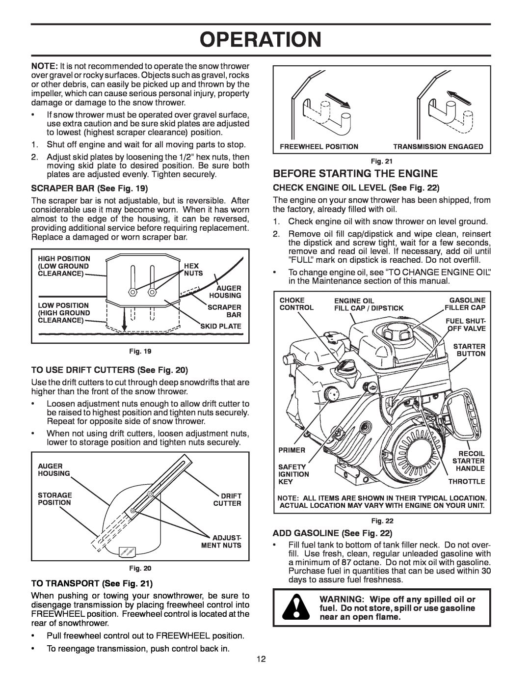 Husqvarna 1130SB-XLSB owner manual Before Starting The Engine, Operation, SCRAPER BAR See Fig, TO USE DRIFT CUTTERS See Fig 