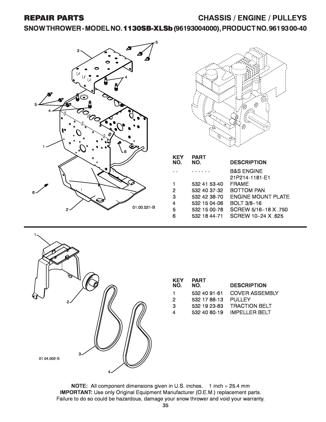 Husqvarna 1130SB-XLSB owner manual Chassis / Engine / Pulleys, Repair Parts, Description 