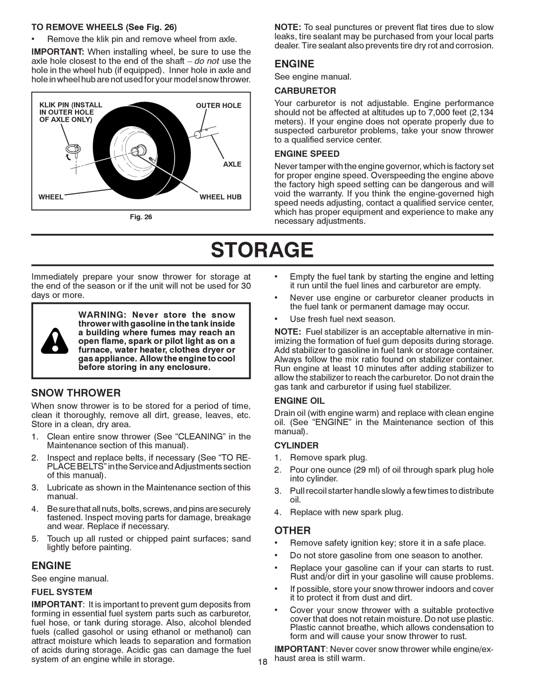 Husqvarna 1130SB-XLSB owner manual Storage, Other 