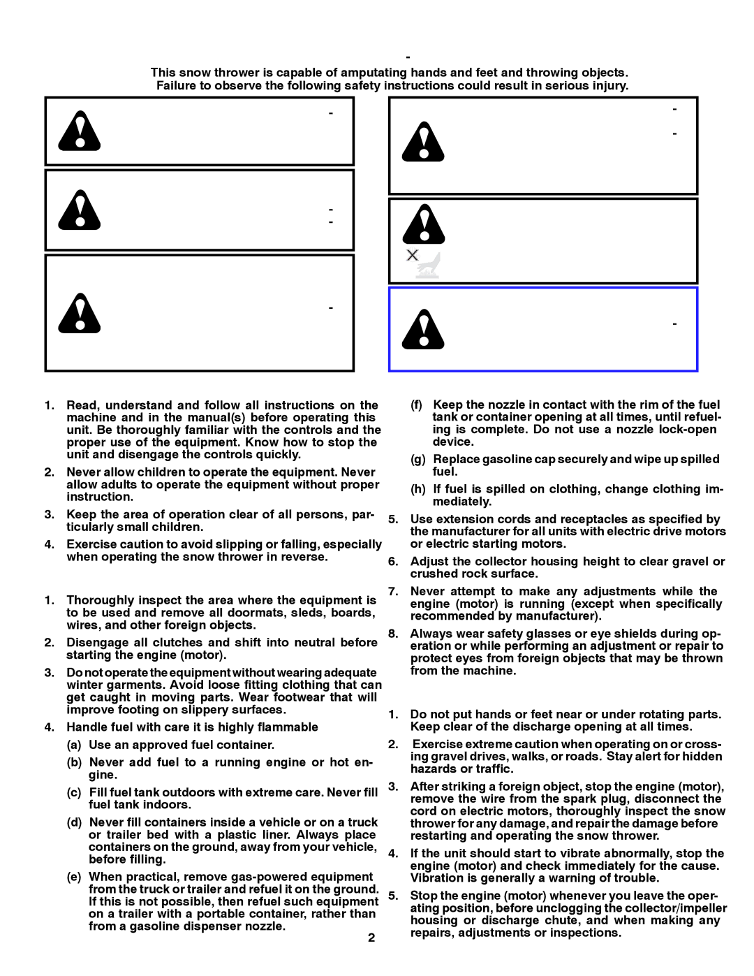 Husqvarna 1130SB-XLSB owner manual Safe Operation Practices for Walk-Behind Snow Throwers 