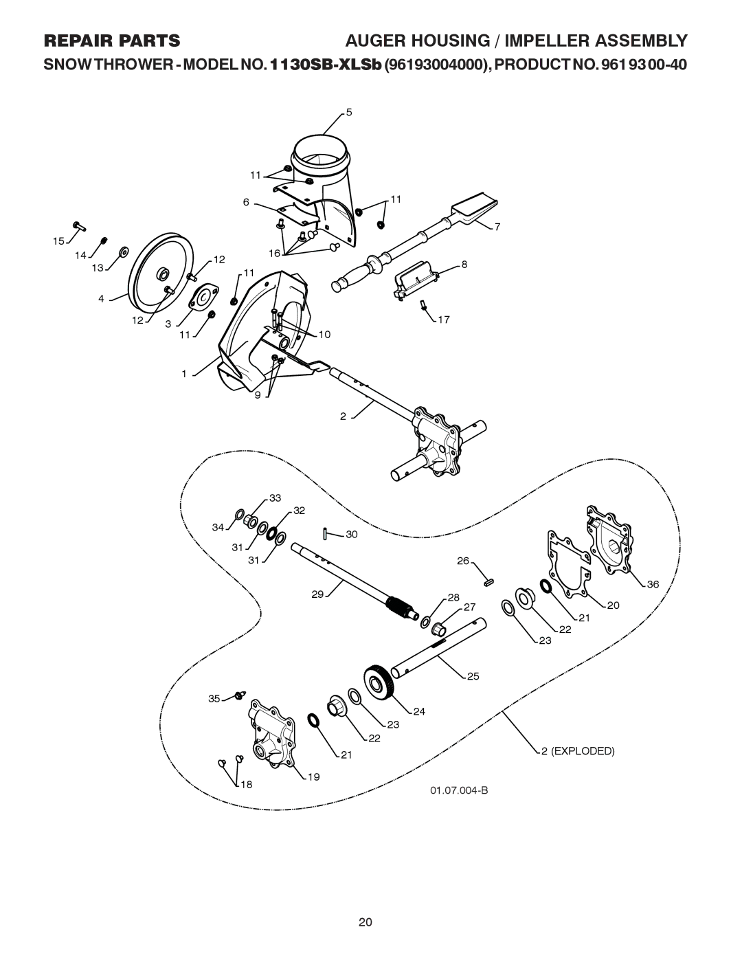 Husqvarna 1130SB-XLSB owner manual Repair Parts, Auger Housing / Impeller Assembly 