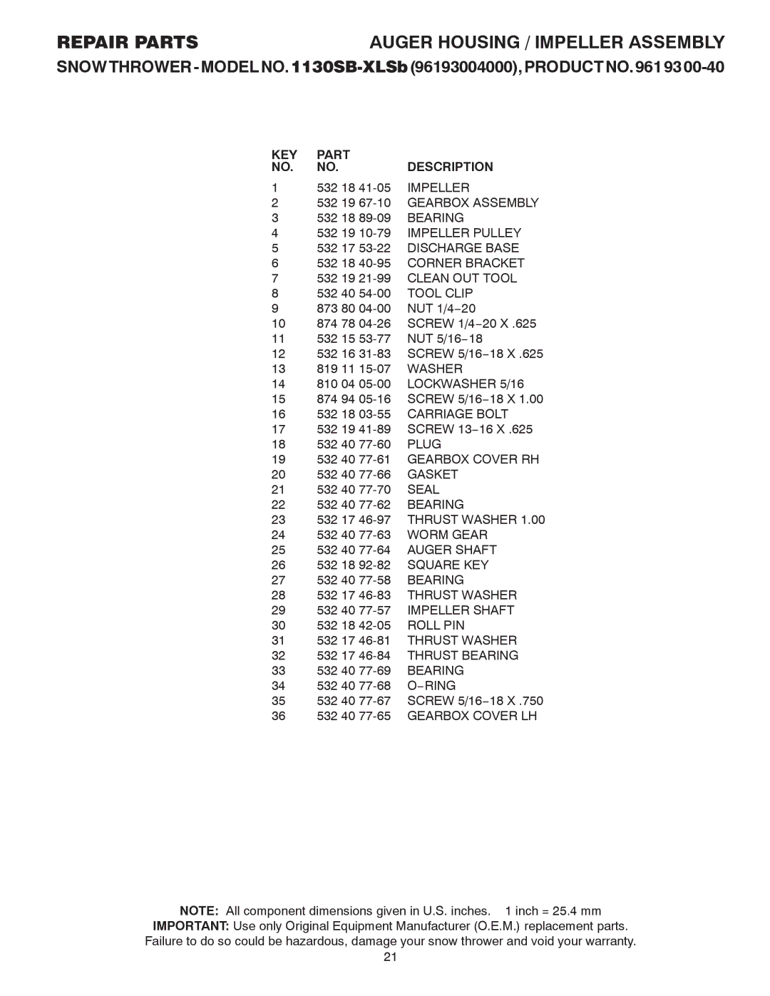 Husqvarna 1130SB-XLSB owner manual KEY Part Description 