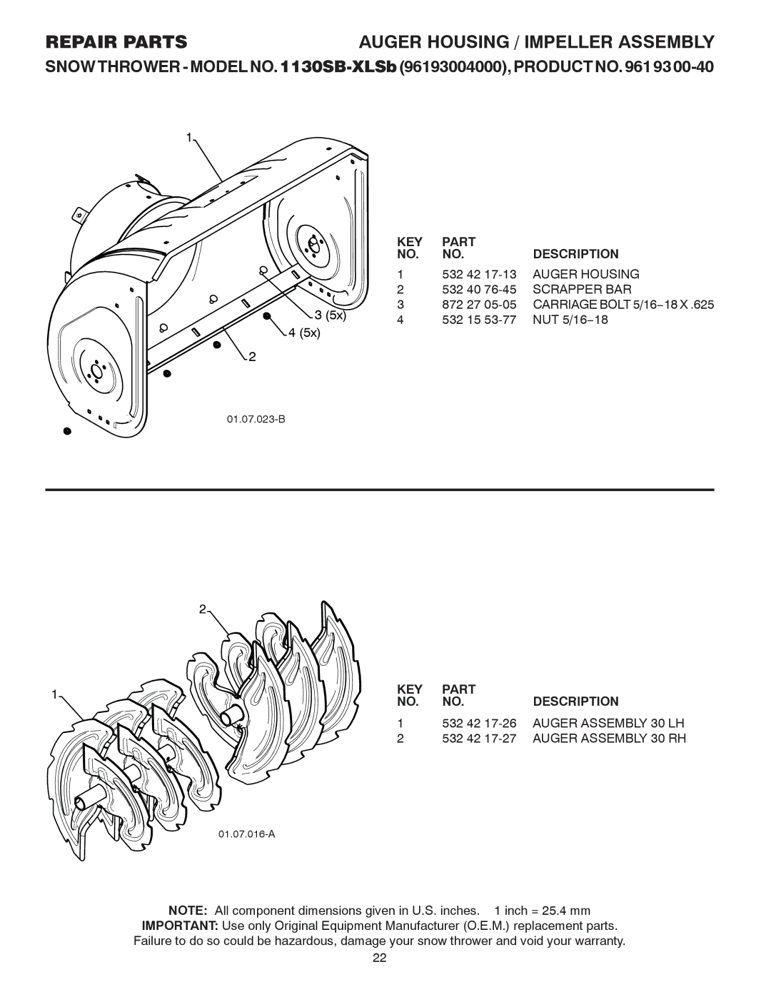 Husqvarna 1130SB-XLSB owner manual Auger Assembly 30 LH, Auger Assembly 30 RH 