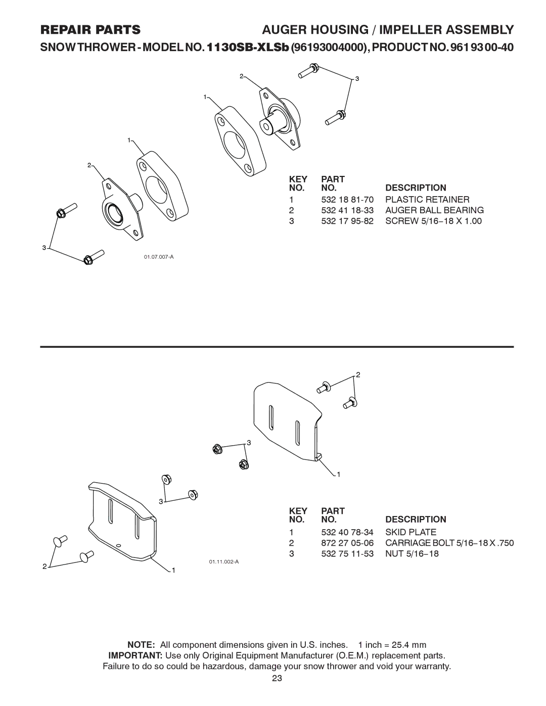 Husqvarna 1130SB-XLSB owner manual Auger Ball Bearing, Skid Plate 