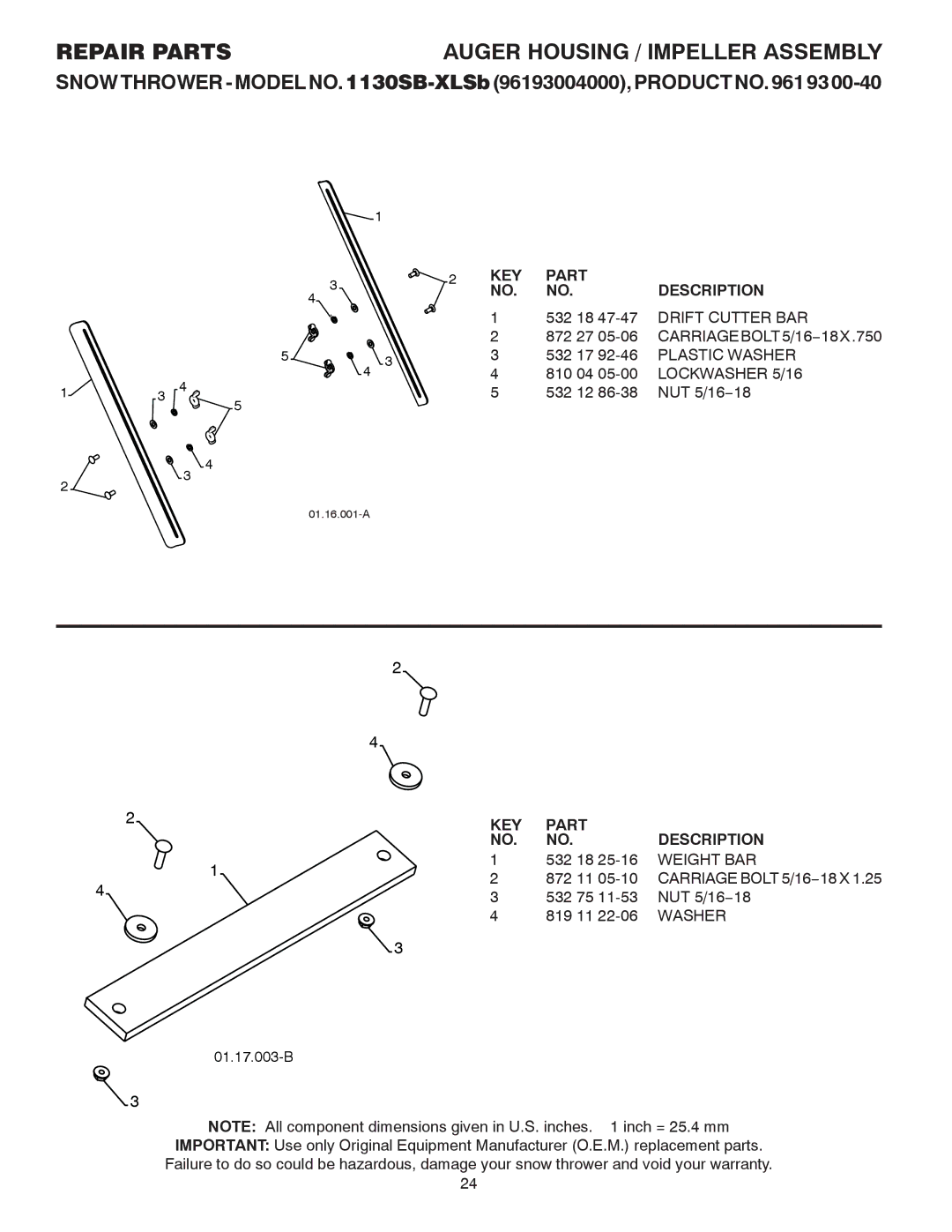 Husqvarna 1130SB-XLSB owner manual CARRIAGEBOLT5/16−18X.750, Weight BAR 