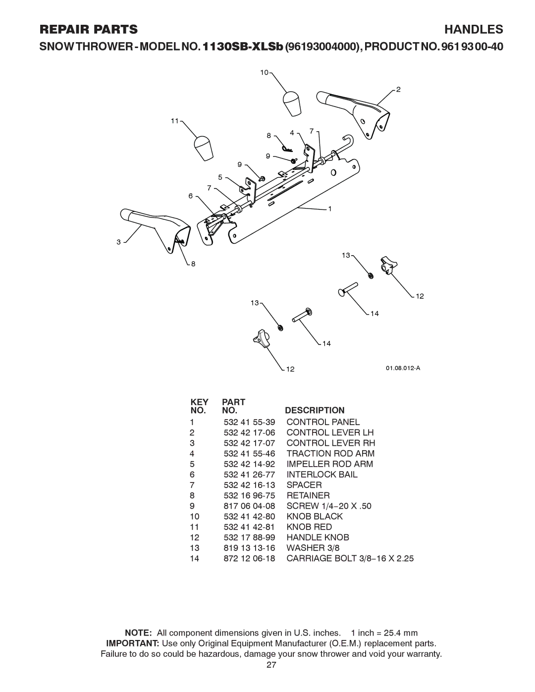 Husqvarna 1130SB-XLSB owner manual Handles 