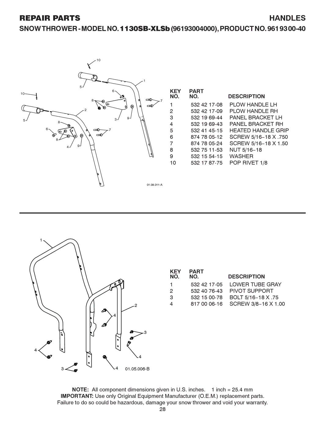 Husqvarna 1130SB-XLSB owner manual Washer, POP Rivet 1/8 