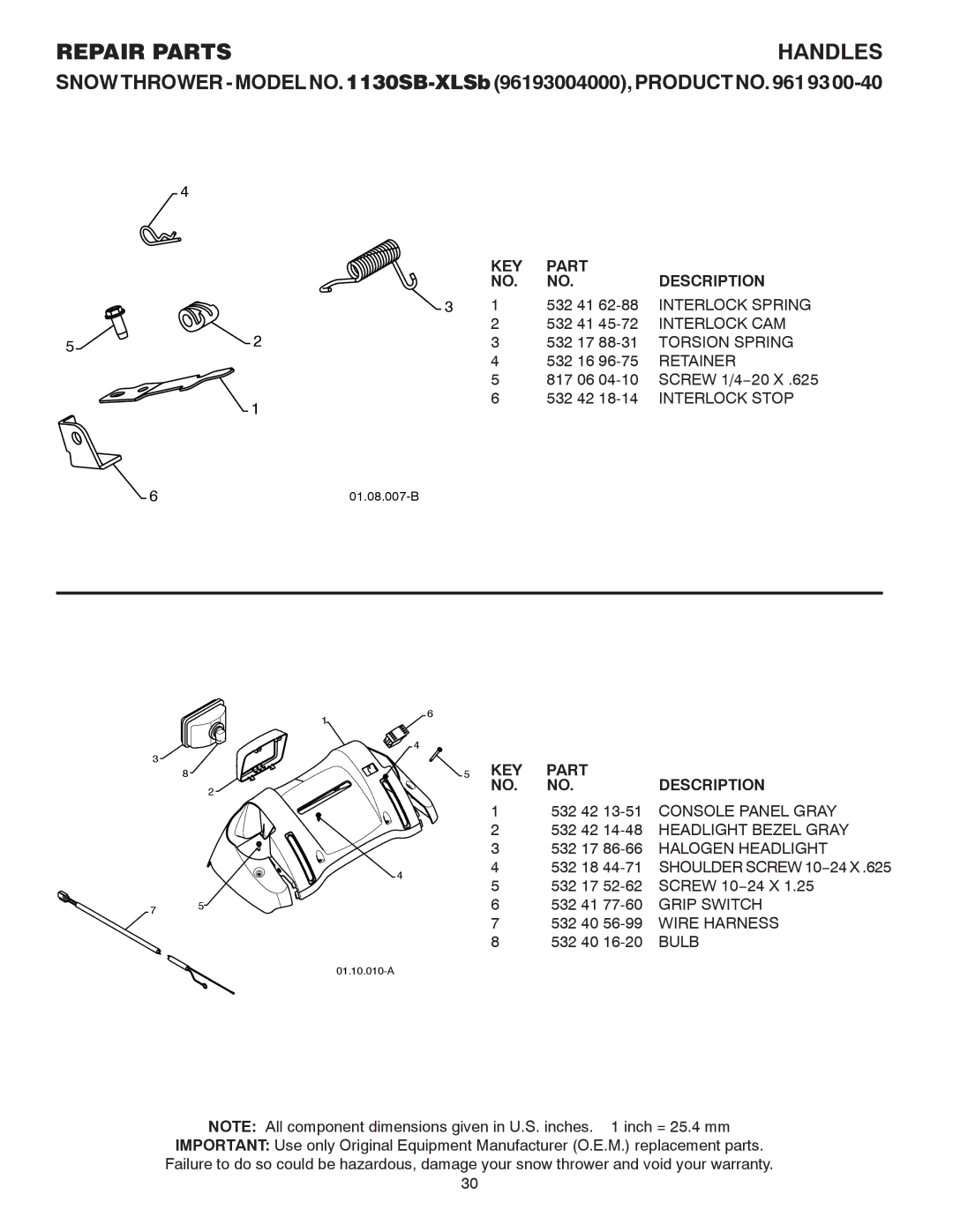 Husqvarna 1130SB-XLSB 532 42 13-51 Console Panel Gray, 532 42 14-48 Headlight Bezel Gray, 532 17 86-66 Halogen Headlight 