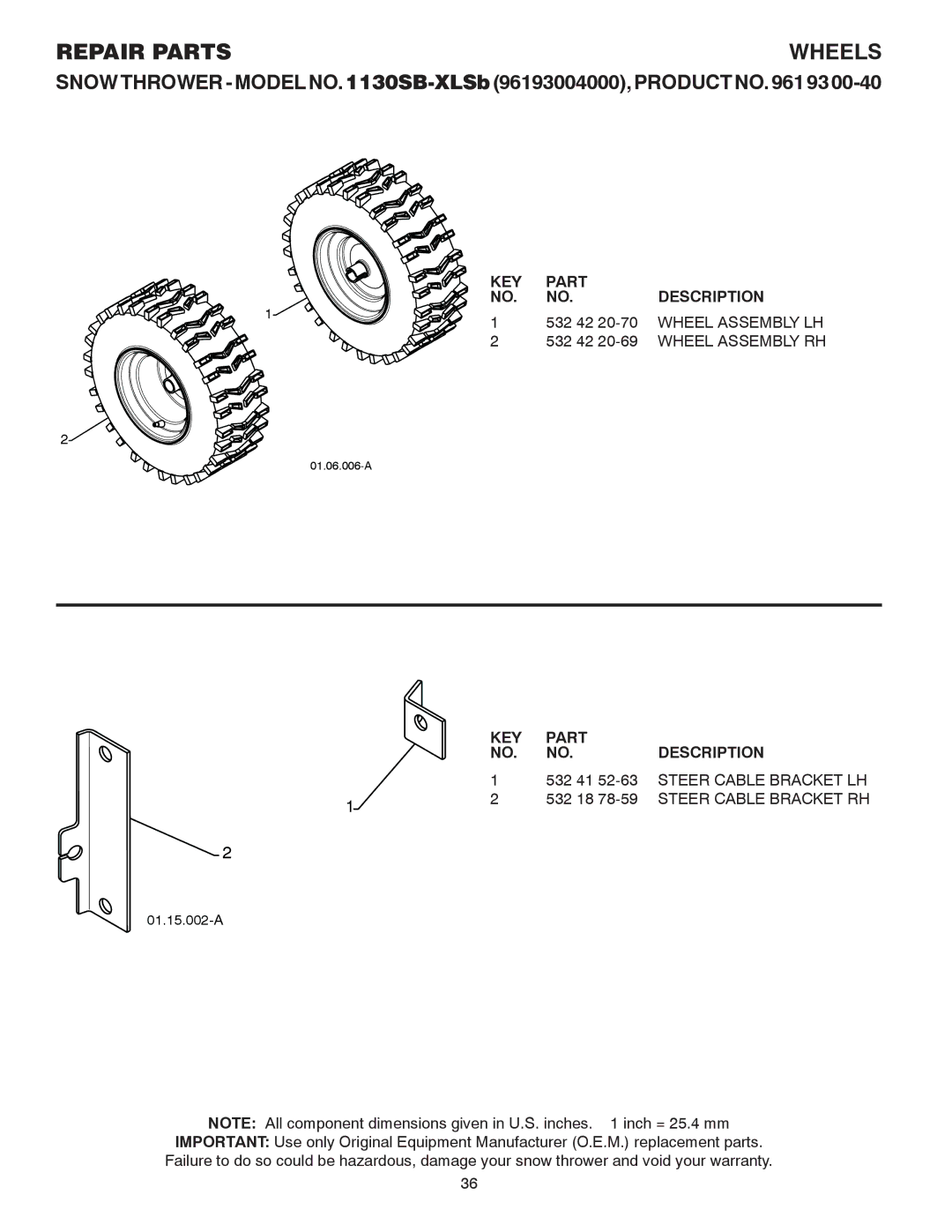 Husqvarna 1130SB-XLSB owner manual Wheels, Wheel Assembly LH, Steer Cable Bracket LH, Steer Cable Bracket RH 