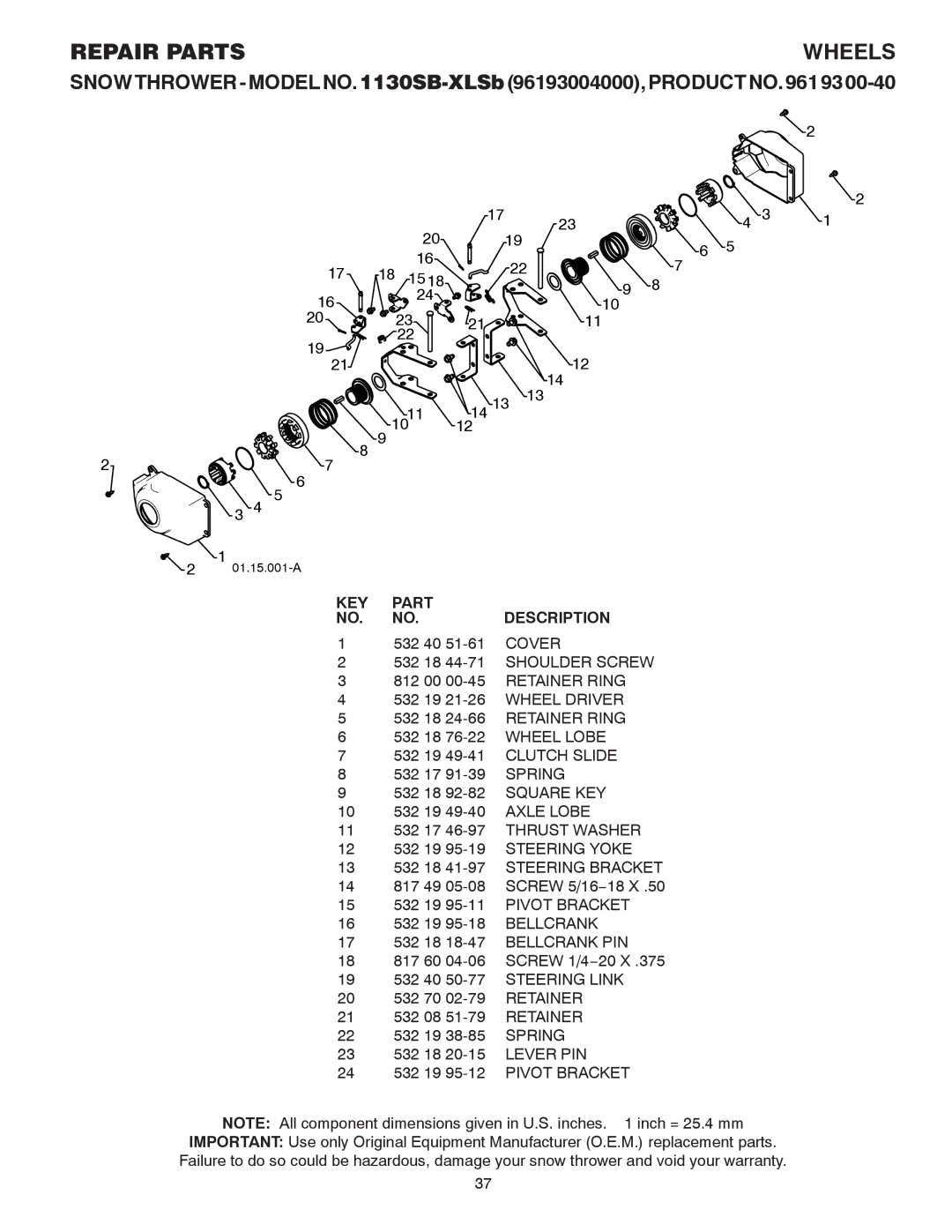 Husqvarna 1130SB-XLSB owner manual Cover, Wheel Lobe, Spring, Axle Lobe, Lever PIN 