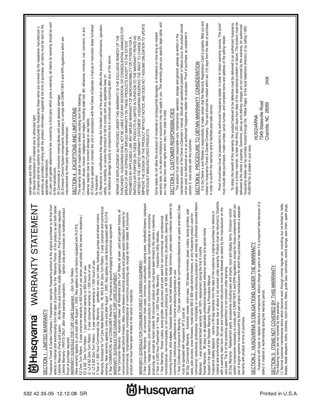 Husqvarna 1130SB-XLSB owner manual Warranty Statement 