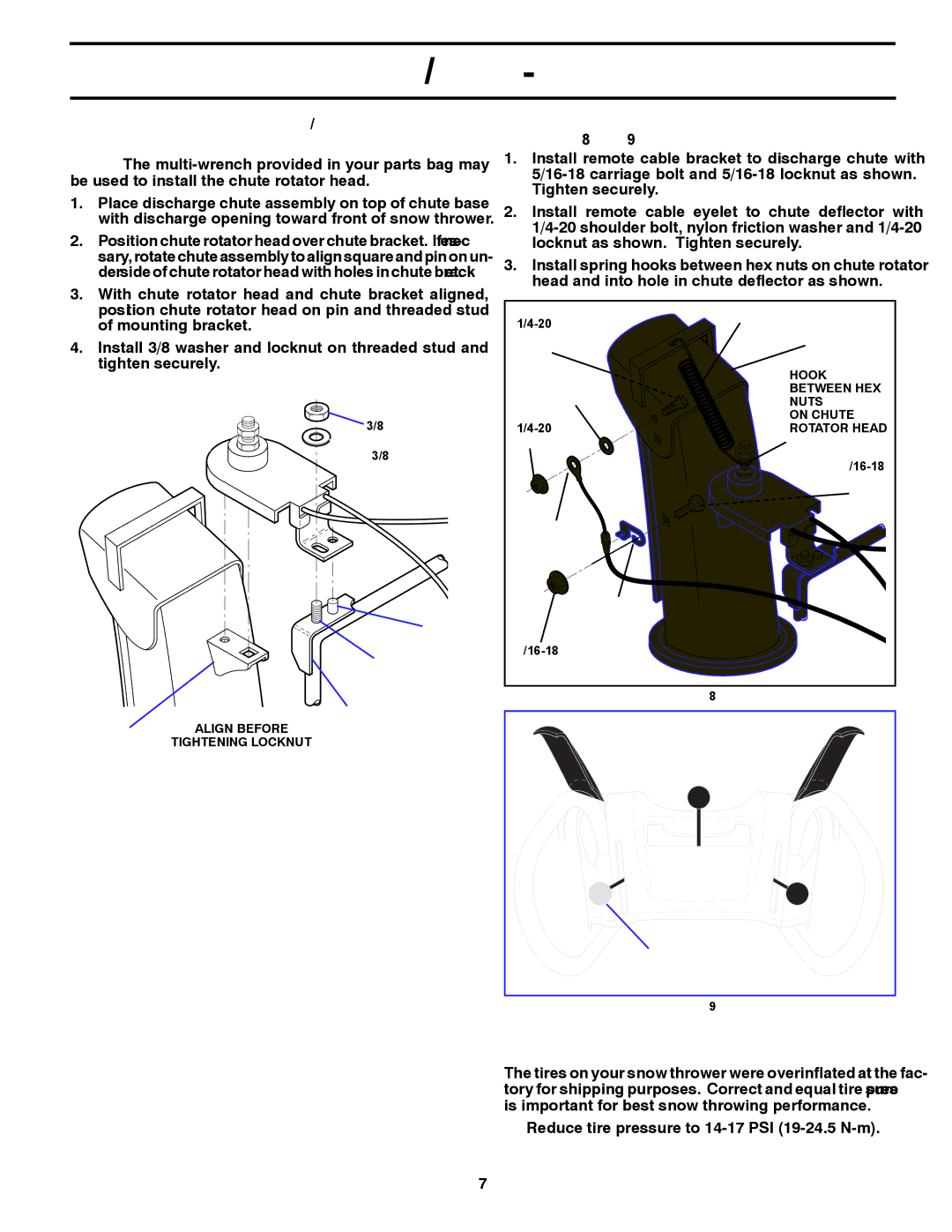 Husqvarna 1130SB-XLSB owner manual Install Discharge Chute / Chute Rotator Head See Fig, Check Tire Pressure 