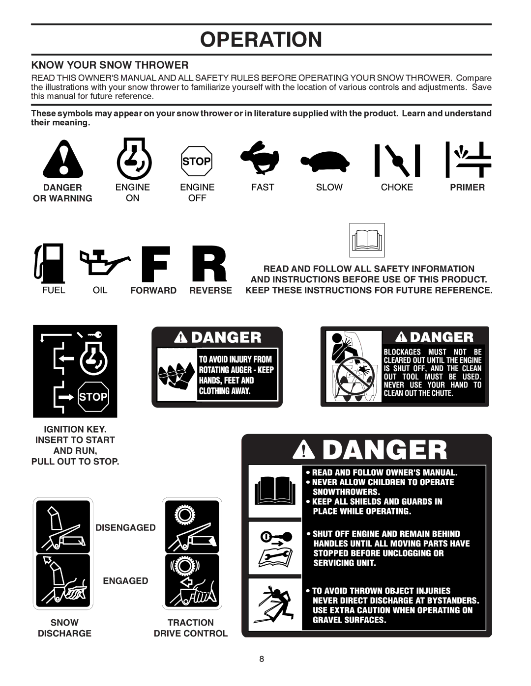 Husqvarna 1130SB-XLSB owner manual Operation, Know Your Snow Thrower, Primer, Ignition KEY, Pull OUT to Stop 