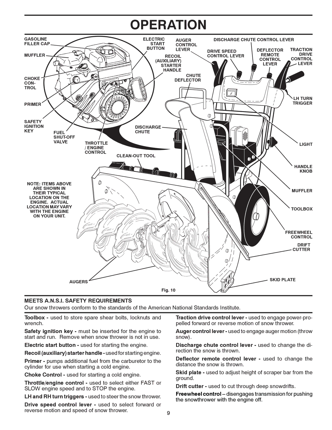 Husqvarna 1130SB-XLSB owner manual Meets A.N.S.I. Safety Requirements, Drive speed control lever used to select forward or 