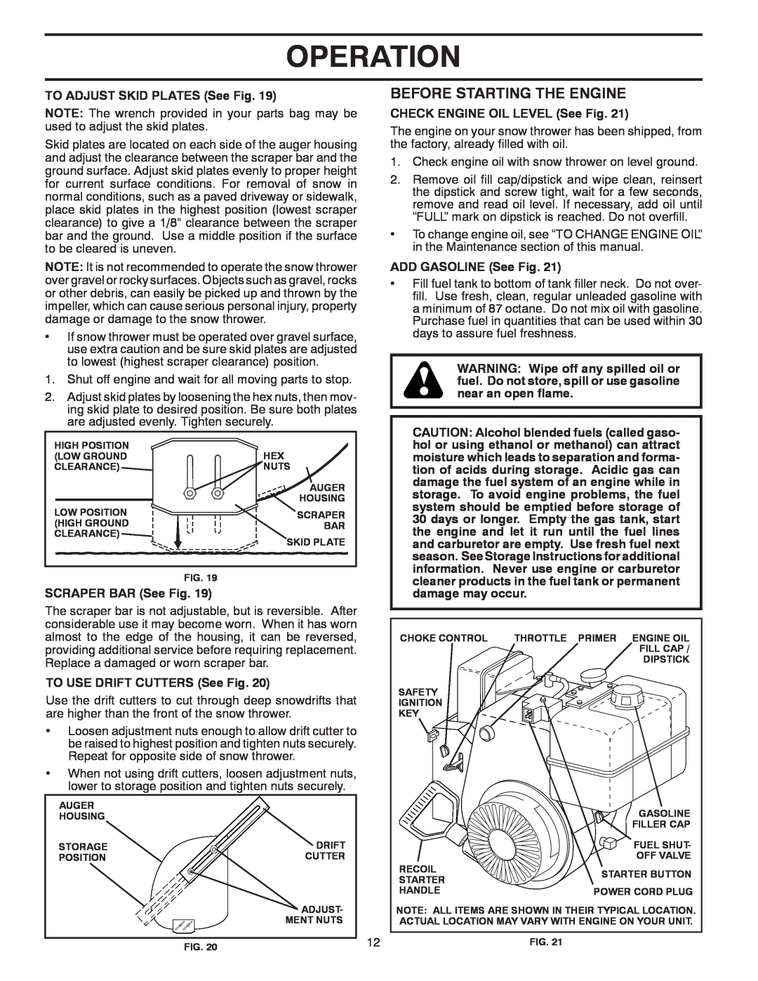 Husqvarna 1130SB owner manual Before Starting The Engine, Operation, TO ADJUST SKID PLATES See Fig, SCRAPER BAR See Fig 