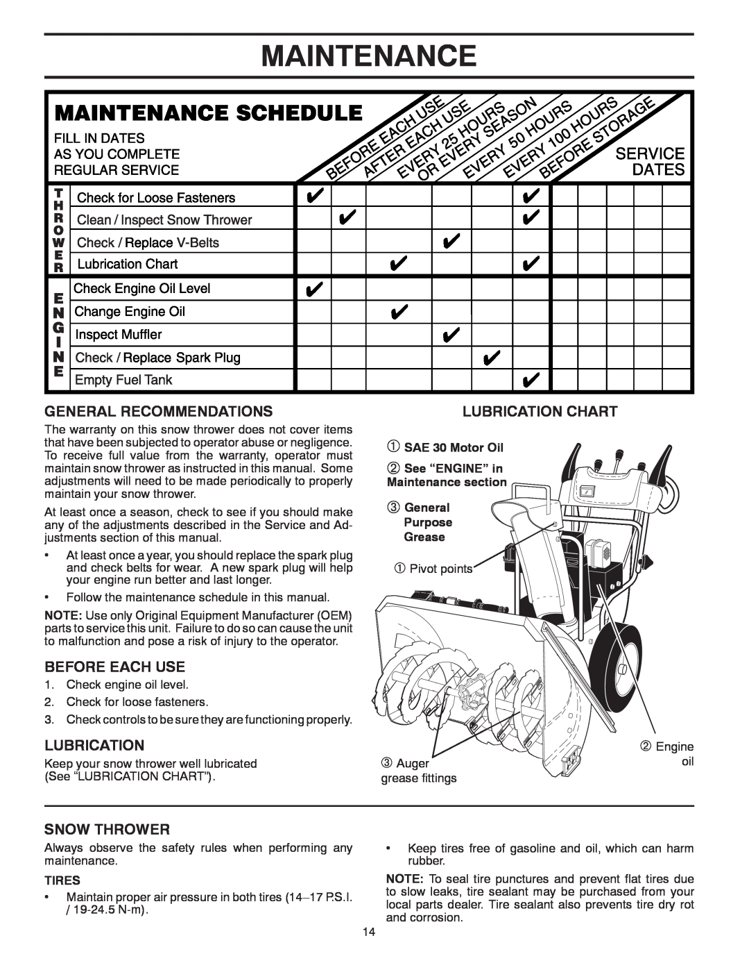 Husqvarna 1130SB Maintenance, General Recommendations, Before Each Use, Snow Thrower, Lubrication Chart, Tires 