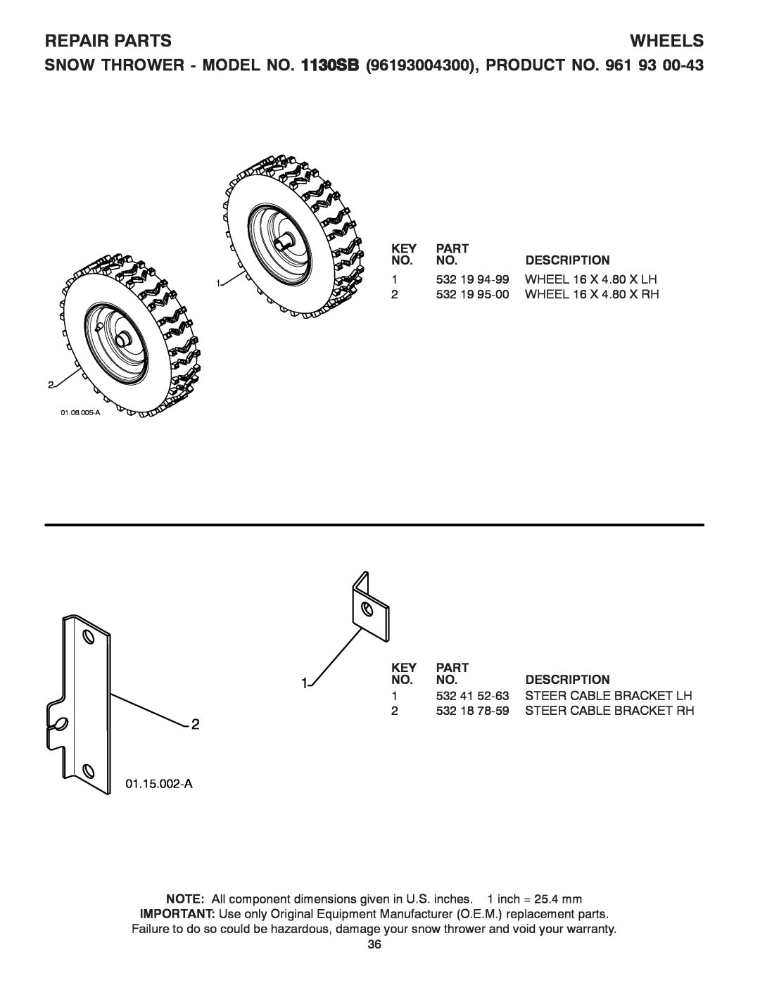 Husqvarna 1130SB owner manual Wheels, Repair Parts, Description, 01.15.002-A 