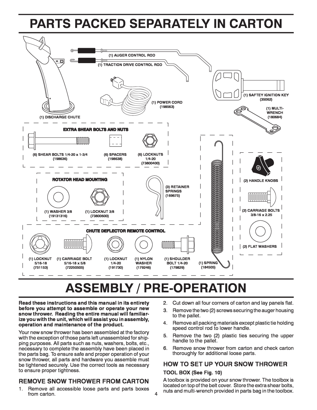 Husqvarna 1130SB owner manual Parts Packed Separately In Carton, Assembly / Pre-Operation, How To Set Up Your Snow Thrower 
