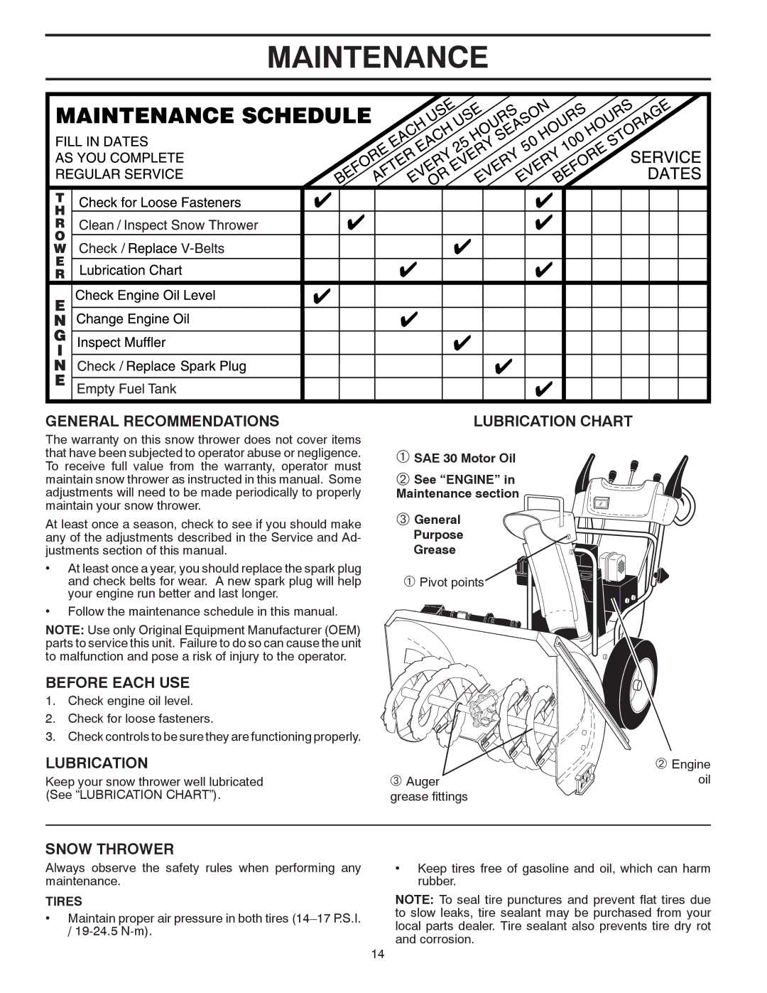 Husqvarna 1130SB owner manual Maintenance, General Recommendations, Before Each USE, Lubrication, Snow Thrower 