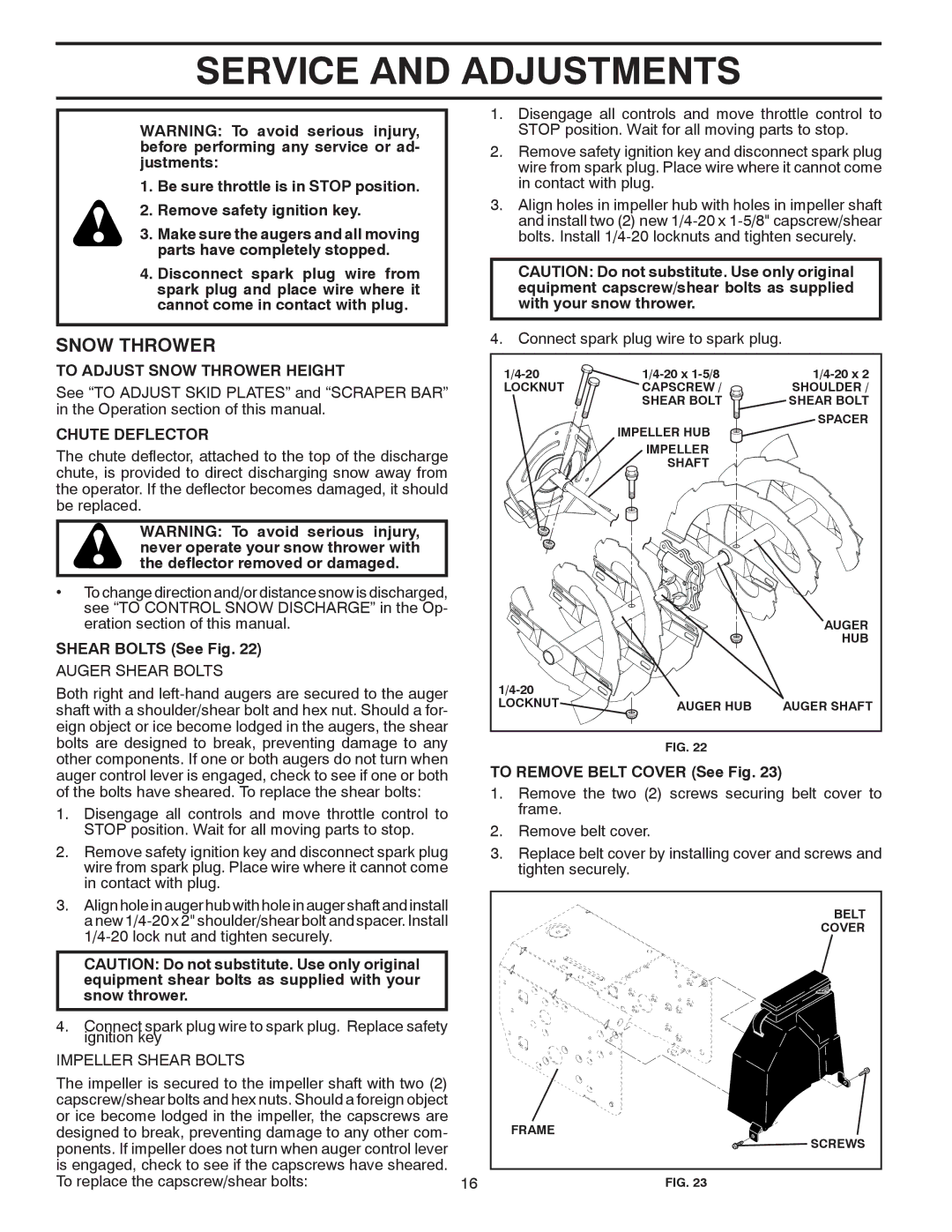 Husqvarna 1130SB owner manual Service and Adjustments, To Adjust Snow Thrower Height, Chute Deflector, Shear Bolts See Fig 