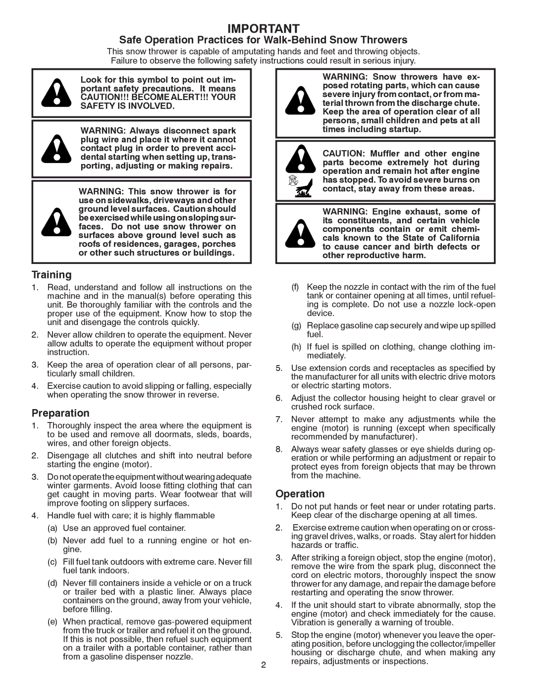 Husqvarna 1130SB owner manual Safe Operation Practices for Walk-Behind Snow Throwers 