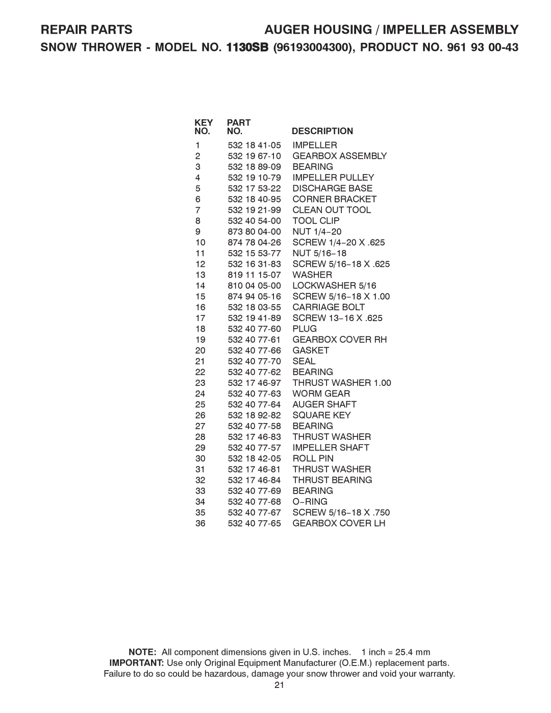 Husqvarna 1130SB owner manual KEY Part Description 