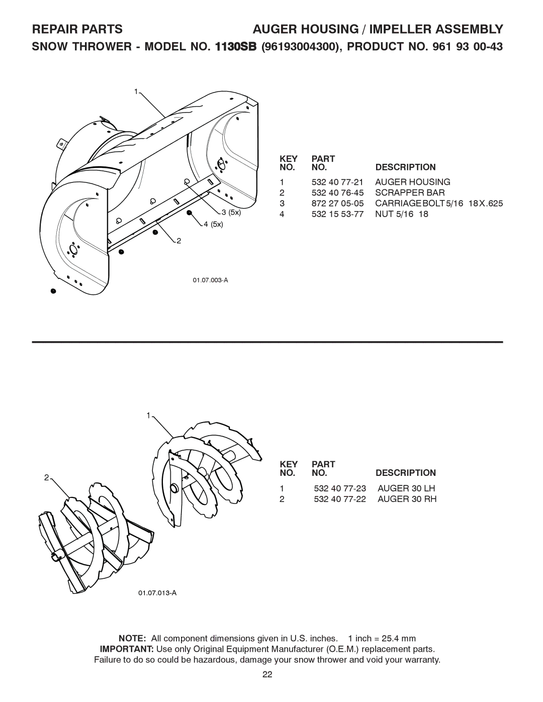 Husqvarna 1130SB owner manual CARRIAGEBOLT5/16−18X.625, Auger 30 LH, Auger 30 RH 