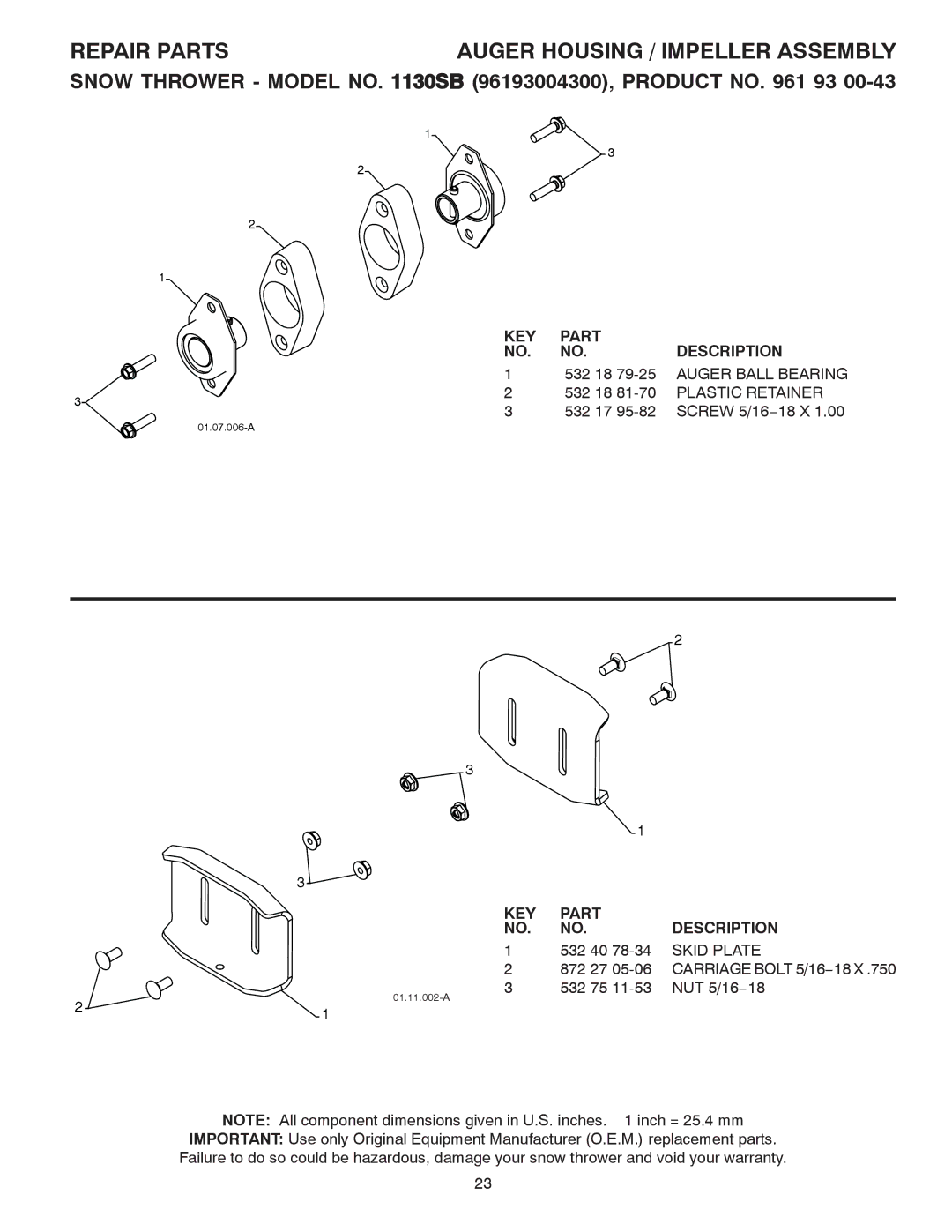 Husqvarna 1130SB owner manual Repair Parts Auger Housing / Impeller Assembly, Plastic Retainer, Skid Plate 