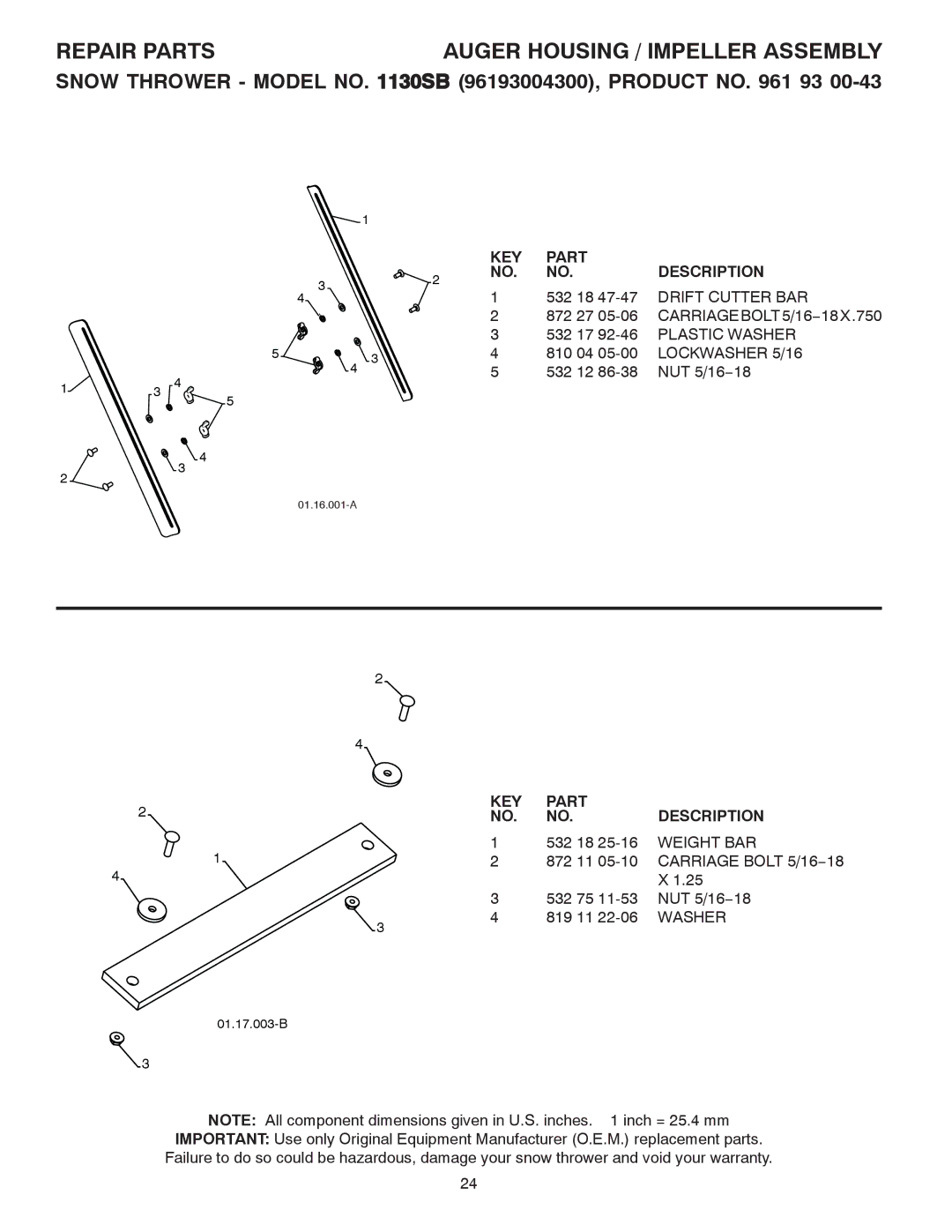 Husqvarna 1130SB owner manual CARRIAGEBOLT5/16−18X.750, Weight BAR 