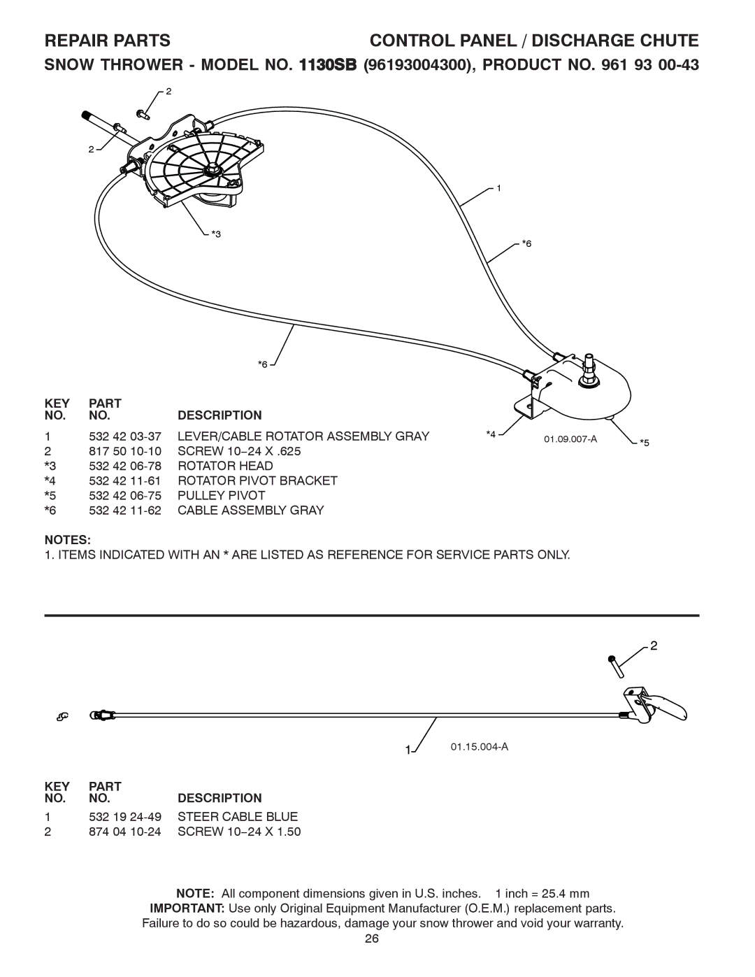 Husqvarna 1130SB owner manual LEVER/CABLE Rotator Assembly Gray, 532 42 11-61 Rotator Pivot Bracket 