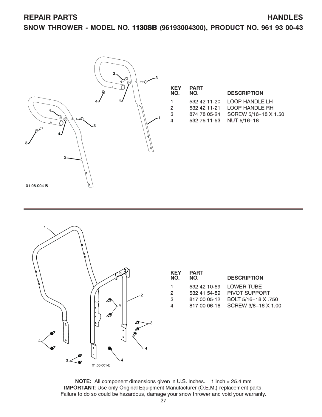 Husqvarna 1130SB owner manual 532 42, Lower Tube 