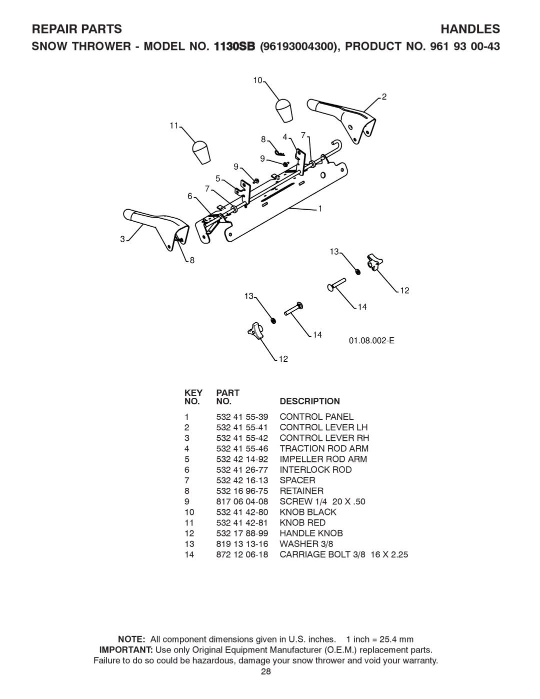 Husqvarna 1130SB owner manual Handles 