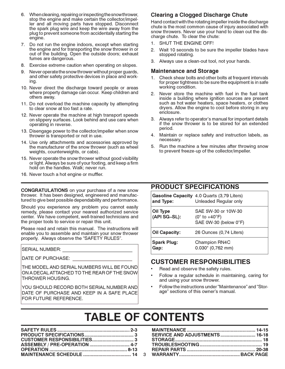 Husqvarna 1130SB owner manual Table of Contents 