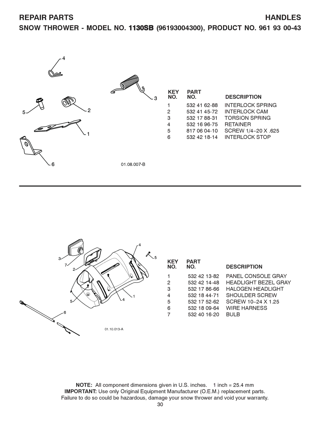 Husqvarna 1130SB owner manual 532 42 14-48 Headlight Bezel Gray, 532 17 86-66 Halogen Headlight, Bulb 