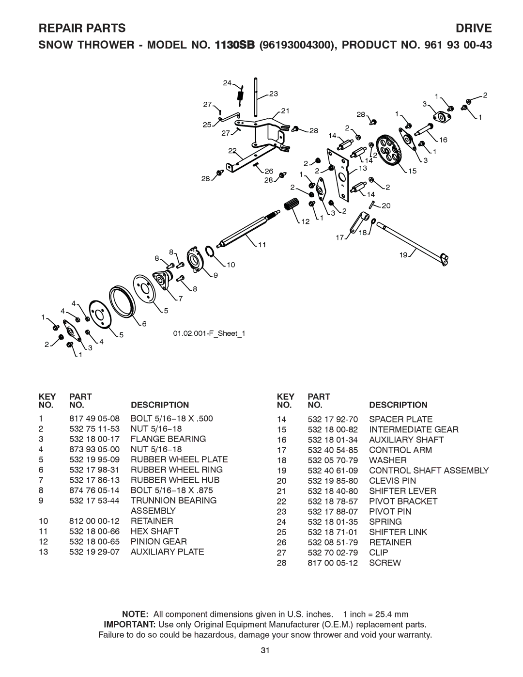 Husqvarna 1130SB 532 18 00-82 Intermediate Gear, Flange Bearing, Rubber Wheel Plate, Rubber Wheel HUB, Clevis PIN, Spring 