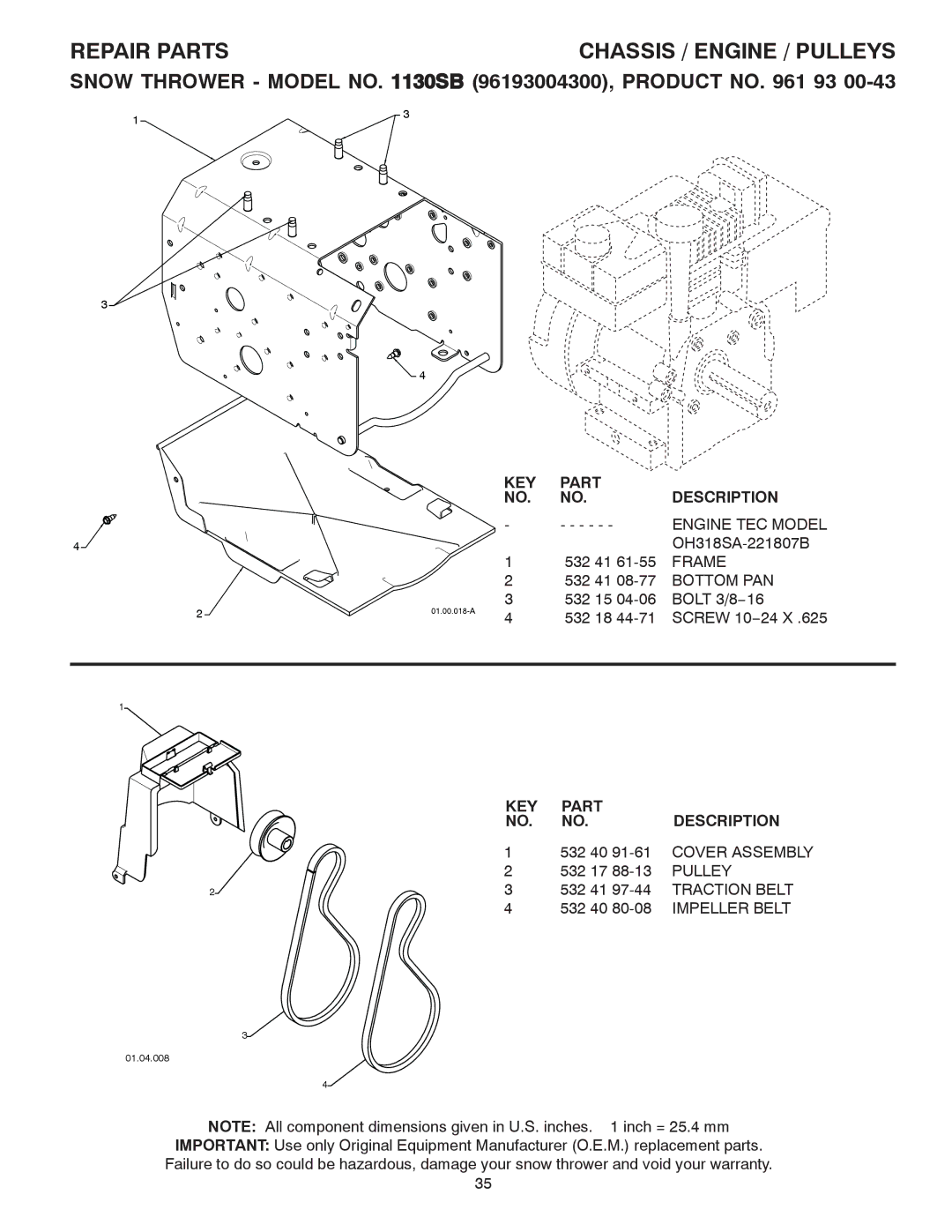 Husqvarna 1130SB owner manual Repair Partschassis / Engine / Pulleys, Engine TEC Model, Frame, Bottom PAN 