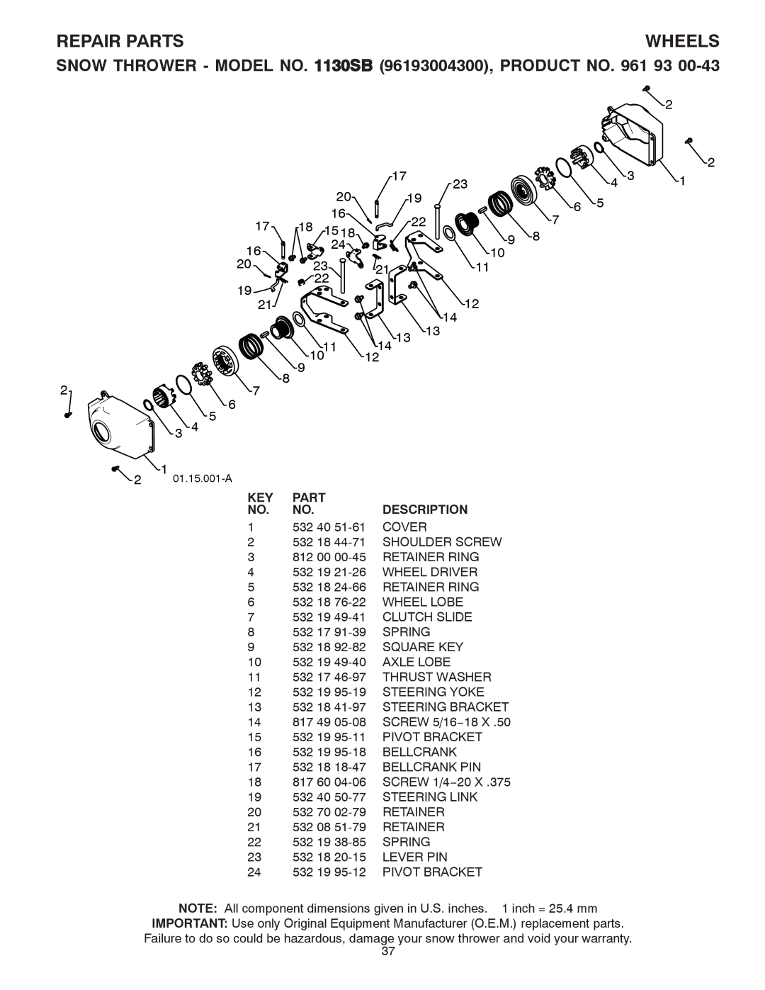 Husqvarna 1130SB owner manual Wheel Lobe, Axle Lobe, Lever PIN 