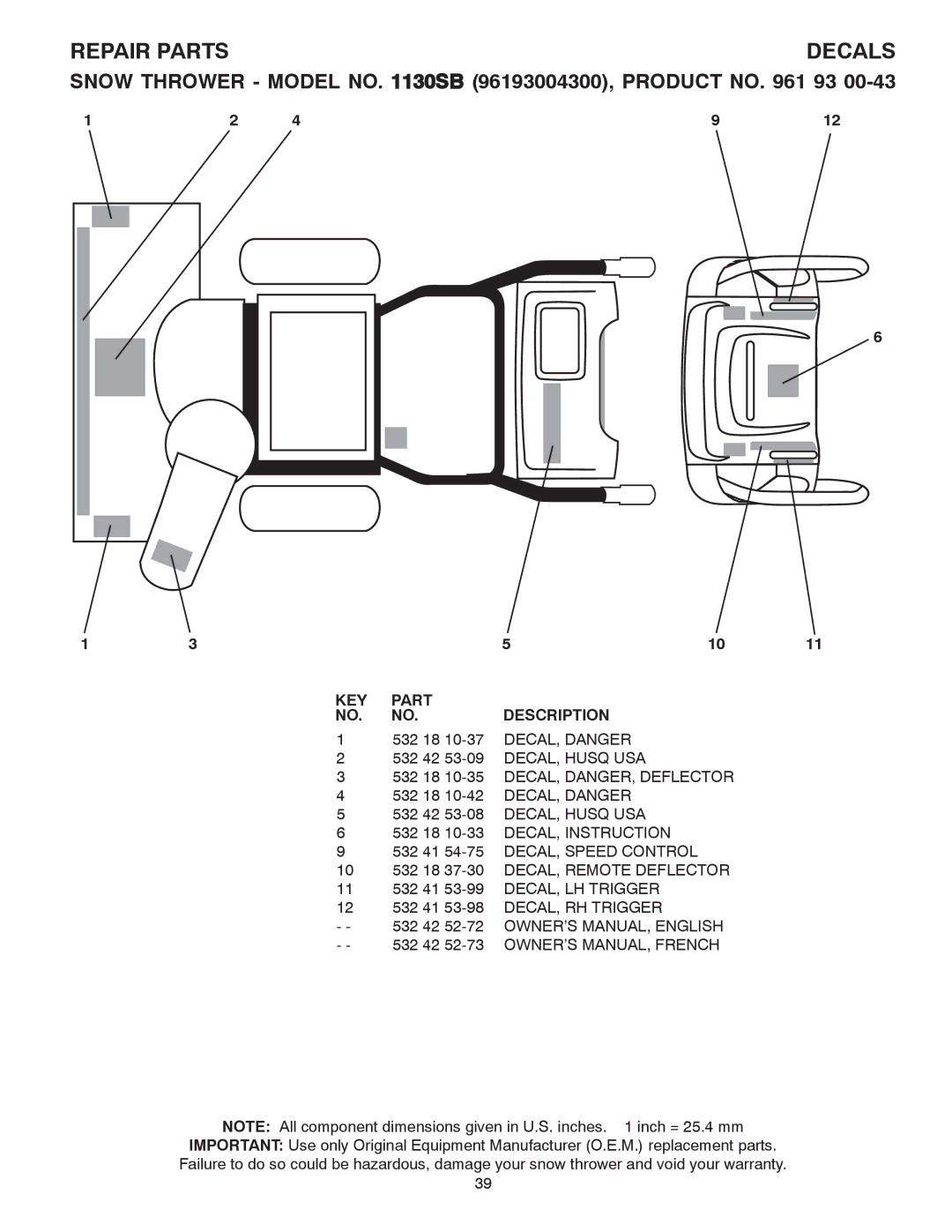 Husqvarna 1130SB owner manual Decals, 532 18 10-35 DECAL, DANGER, Deflector, 10 532 18 37-30 DECAL, Remote Deflector 