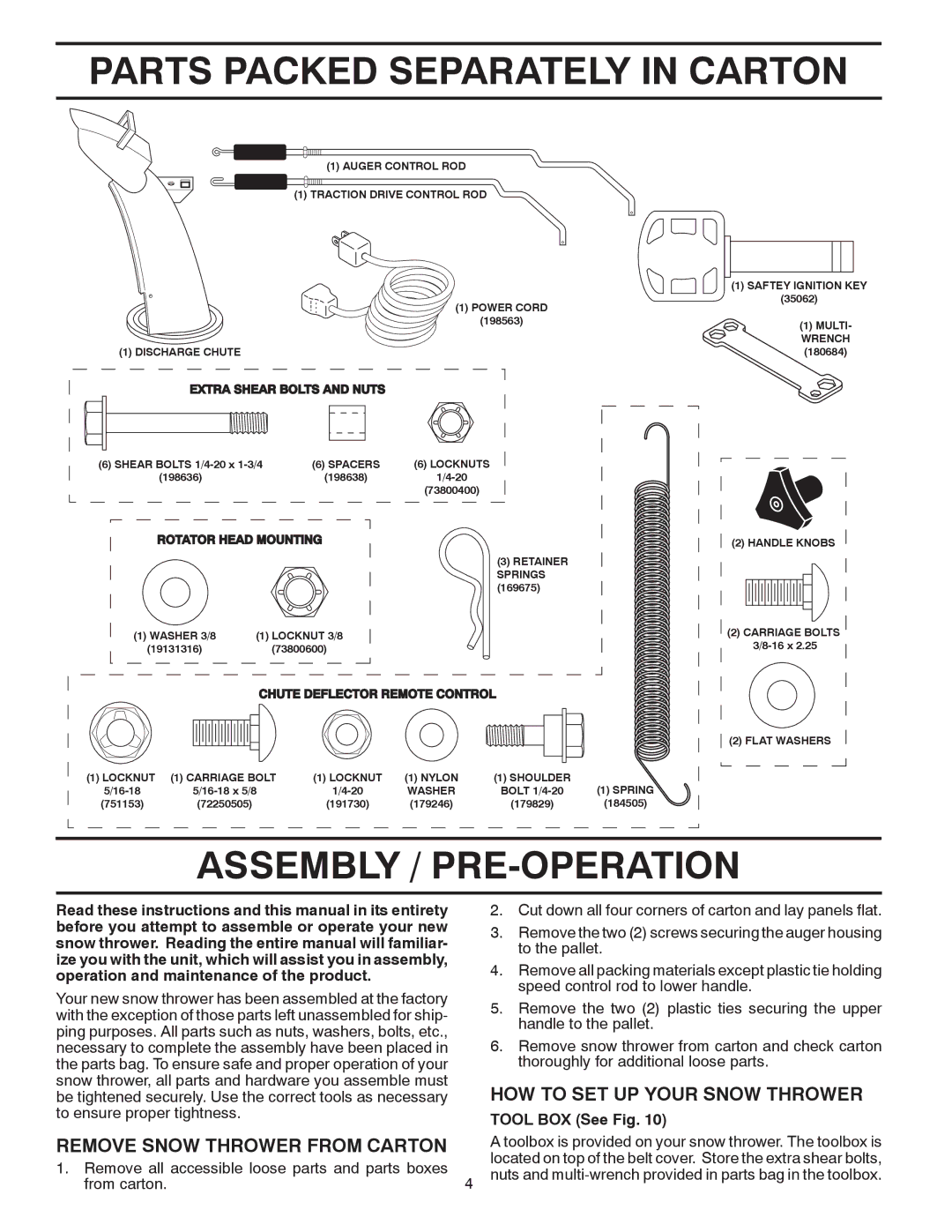 Husqvarna 1130SB owner manual Parts Packed Separately in Carton, Assembly / PRE-OPERATION, HOW to SET UP Your Snow Thrower 